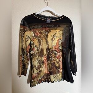 vintage 90s y2k renaissance novelty mesh top sz large brown goth